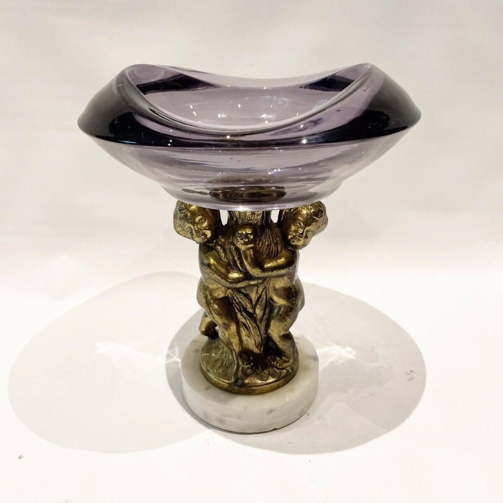 Vtg regency AMETHYST GLASS dish Compote Bowl footed Marble Brass Cherub Art Deco
